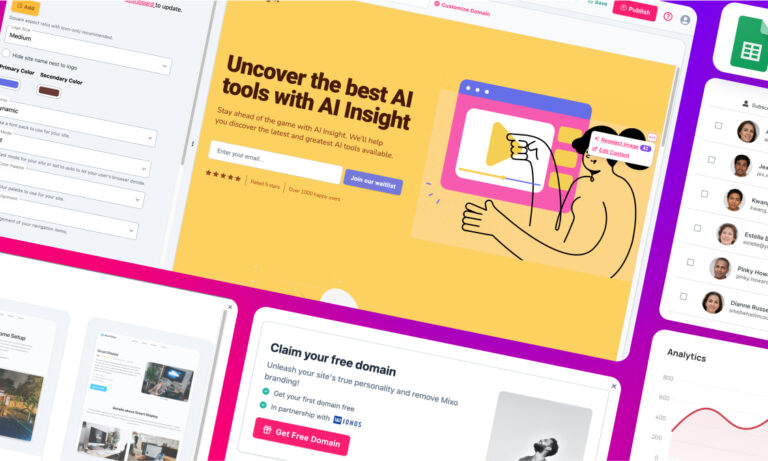 Mixo AI Website Builder interface showing a generated small-business website
