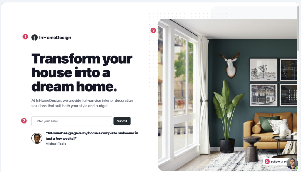 Mixo site editor with controls beside a live website preview